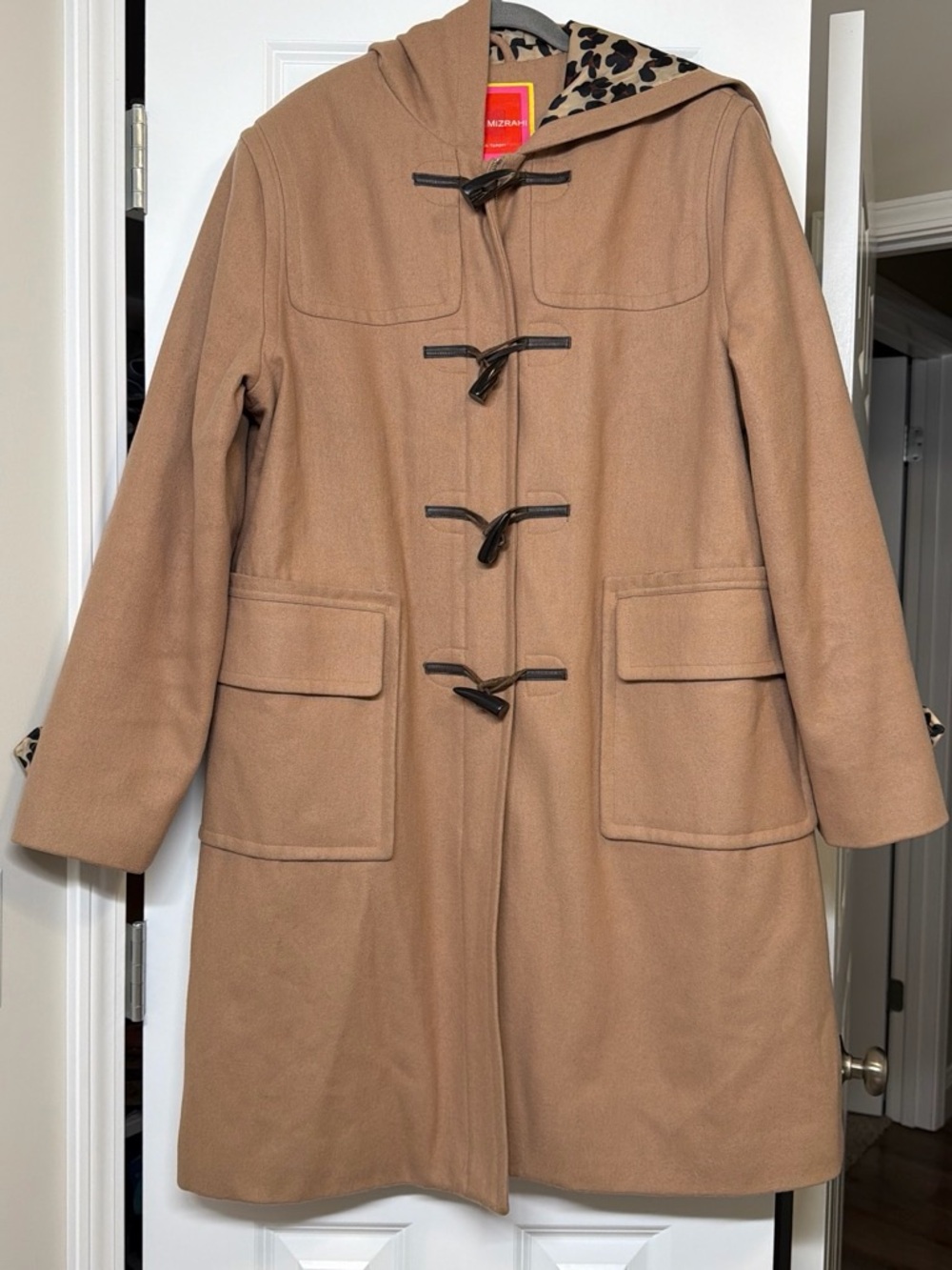 Isaac Mizrahi Camel Wool Blend Hooded Toggle Pea Coat with Leopard Lining
